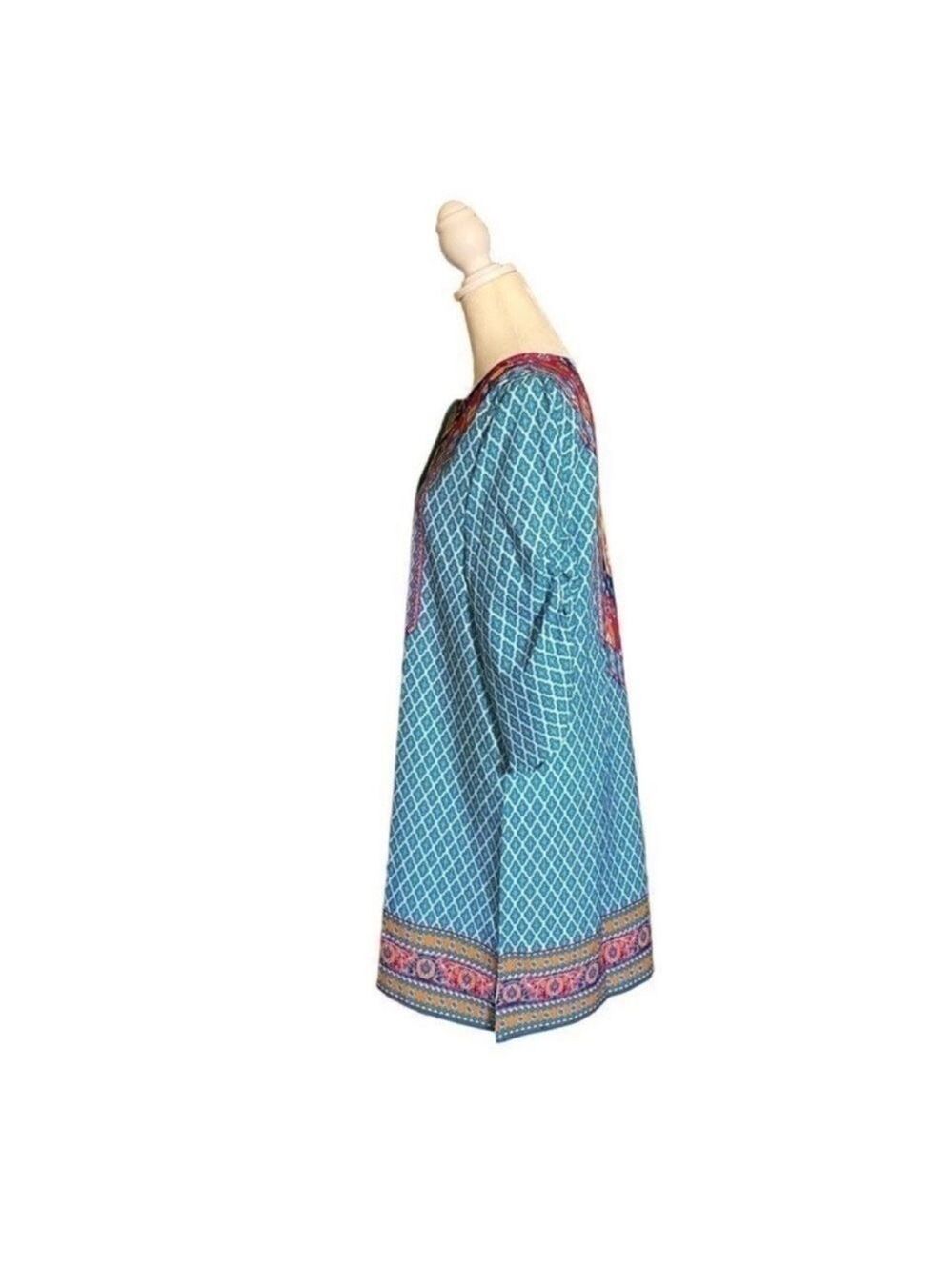 Urban Coco Blue Multicolor Ruche Sleeve Swim Coverup Dress with Tassels Medium - Picture 3 of 14